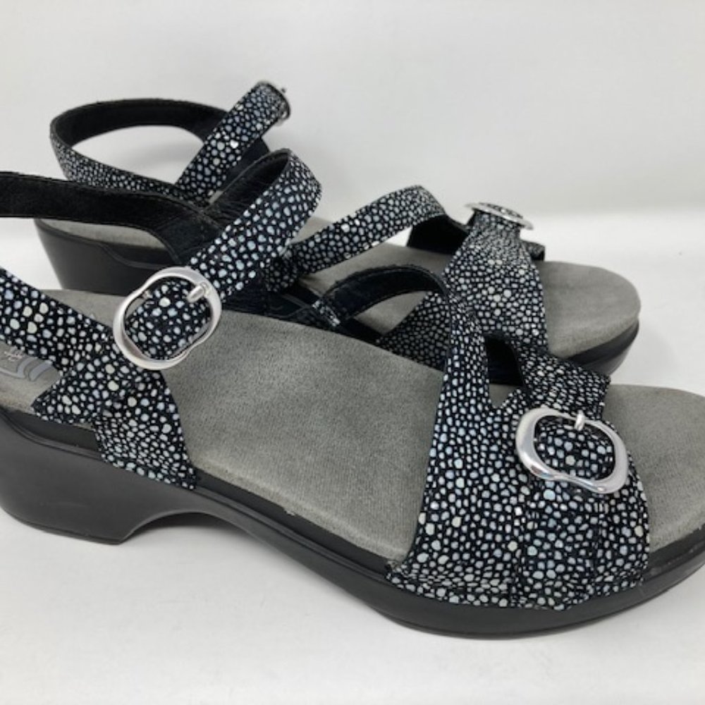 Dansko Black and White Speckled Leather Strappy Sandals